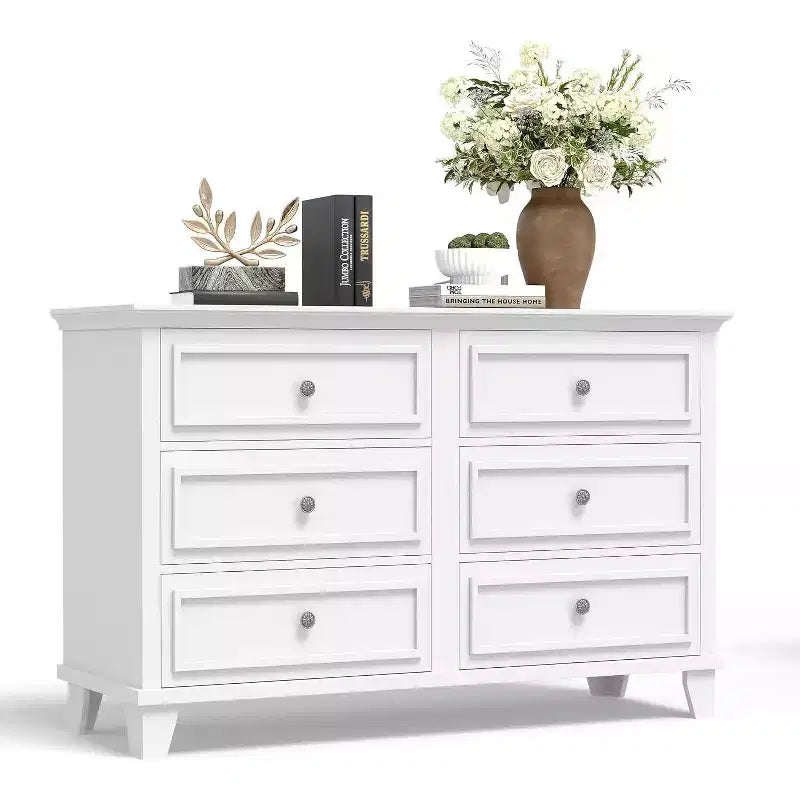 Farmhouse white storage cabinet with 6 drawers dresser TV stand with vintage handles wide wood for bedroom living room hallway