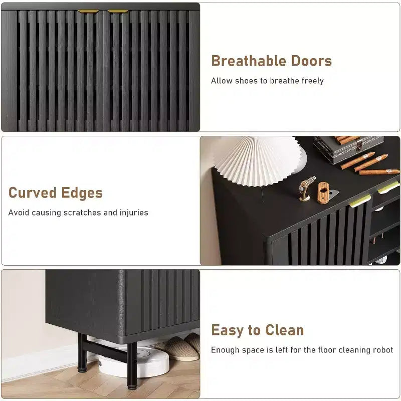 Wooden shoe cabinet with louvered doors freestanding narrow entryway and hallway shoe rack accommodates 24 pairs of shoes.