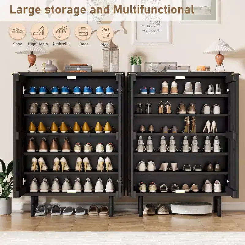 Wooden shoe cabinet with louvered doors freestanding narrow entryway and hallway shoe rack accommodates 24 pairs of shoes.