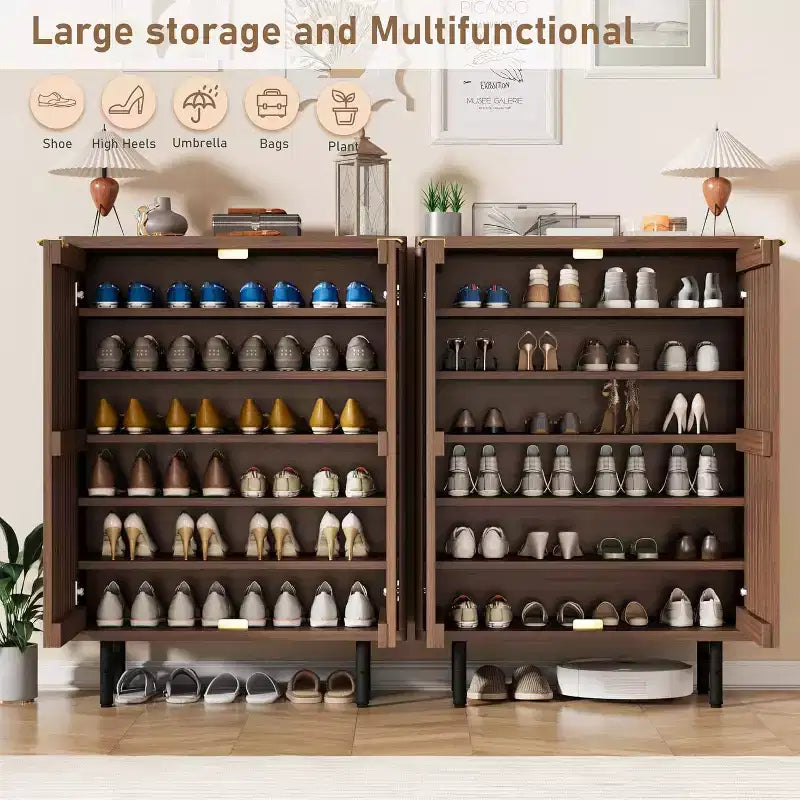 Wooden shoe cabinet with louvered doors freestanding narrow entryway and hallway shoe rack accommodates 24 pairs of shoes.