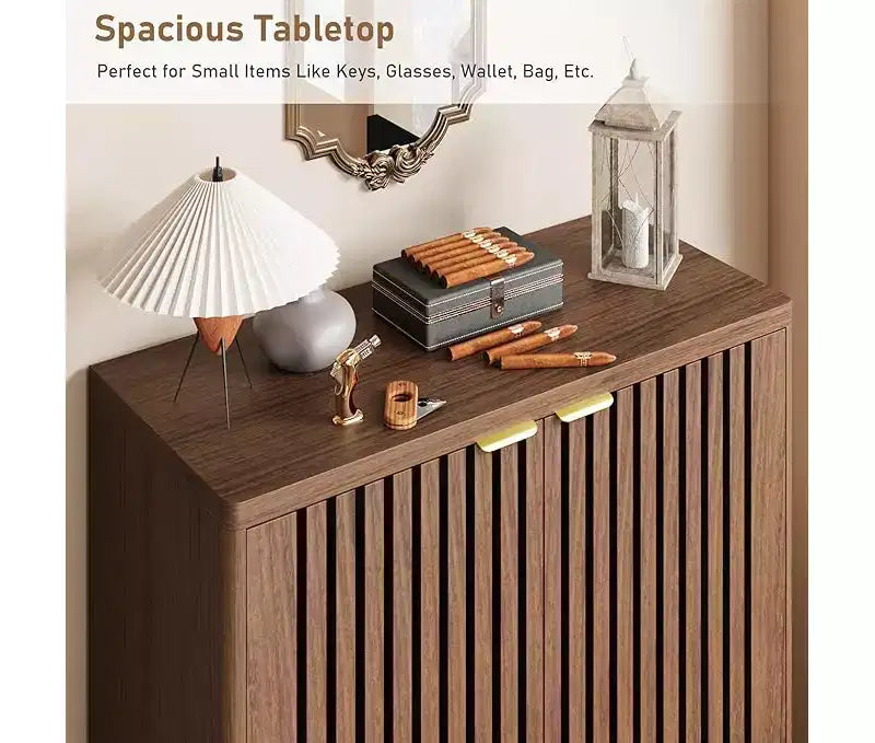 Wooden shoe cabinet with louvered doors freestanding narrow entryway and hallway shoe rack accommodates 24 pairs of shoes.