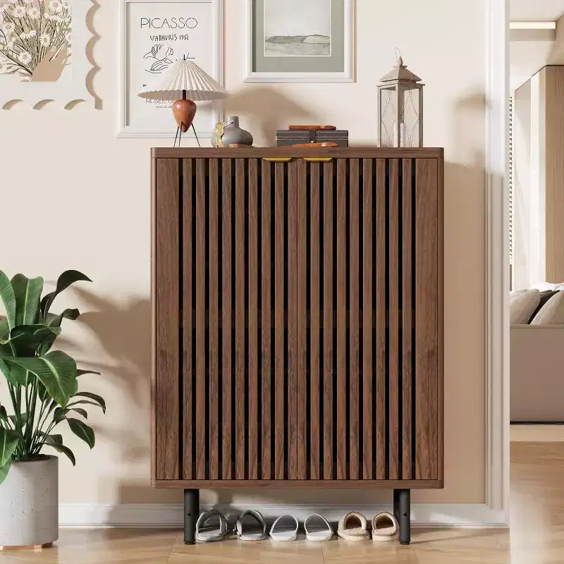 Wooden shoe cabinet with louvered doors freestanding narrow entryway and hallway shoe rack accommodates 24 pairs of shoes.