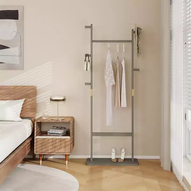 Freestanding Wooden Coat Rack Stand Coat Tree with 5 Hooks and 2 Hangers Jacket Holder for Entryway Bedroom or Office