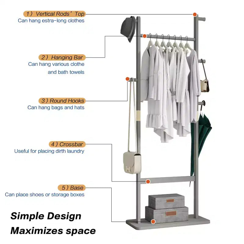 Freestanding Wooden Coat Rack Stand Coat Tree with 5 Hooks and 2 Hangers Jacket Holder for Entryway Bedroom or Office