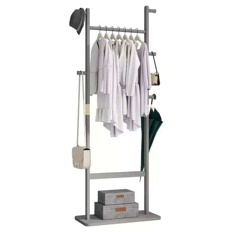 Freestanding Wooden Coat Rack Stand Coat Tree with 5 Hooks and 2 Hangers Jacket Holder for Entryway Bedroom or Office