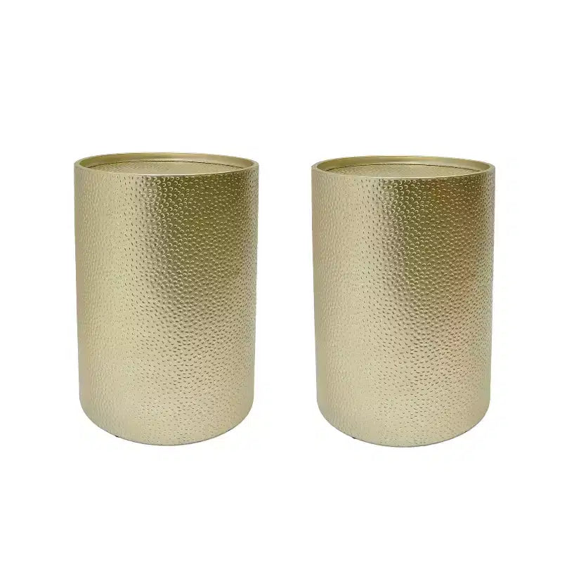 Okak Modern Round End Table with Hammer Marks Cylindrical Side Table with Groove Design Couch Table for Living Room Bedroom Set of 2