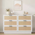 Rattan 6 Drawer Dresser 47in Wide White 6 Chest of Drawers with Metal Handles and Wooden Sturdy Base for Bedroom Living Room Nursery Closet