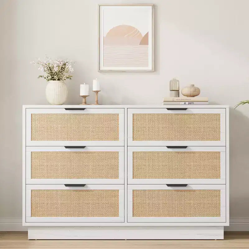 Rattan 6 Drawer Dresser 47in Wide White 6 Chest of Drawers with Metal Handles and Wooden Sturdy Base for Bedroom Living Room Nursery Closet