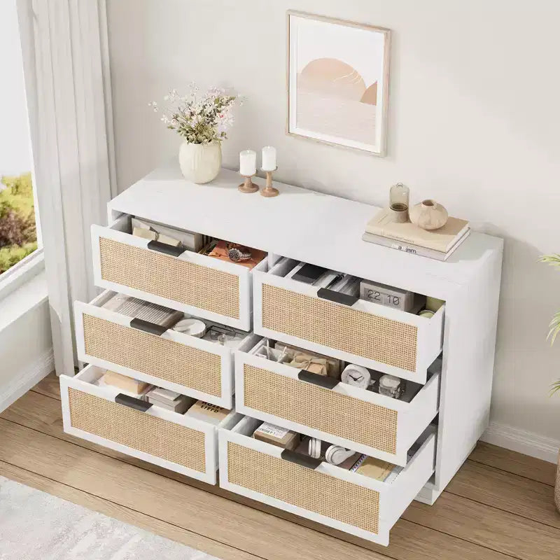 Rattan 6 Drawer Dresser 47in Wide White 6 Chest of Drawers with Metal Handles and Wooden Sturdy Base for Bedroom Living Room Nursery Closet