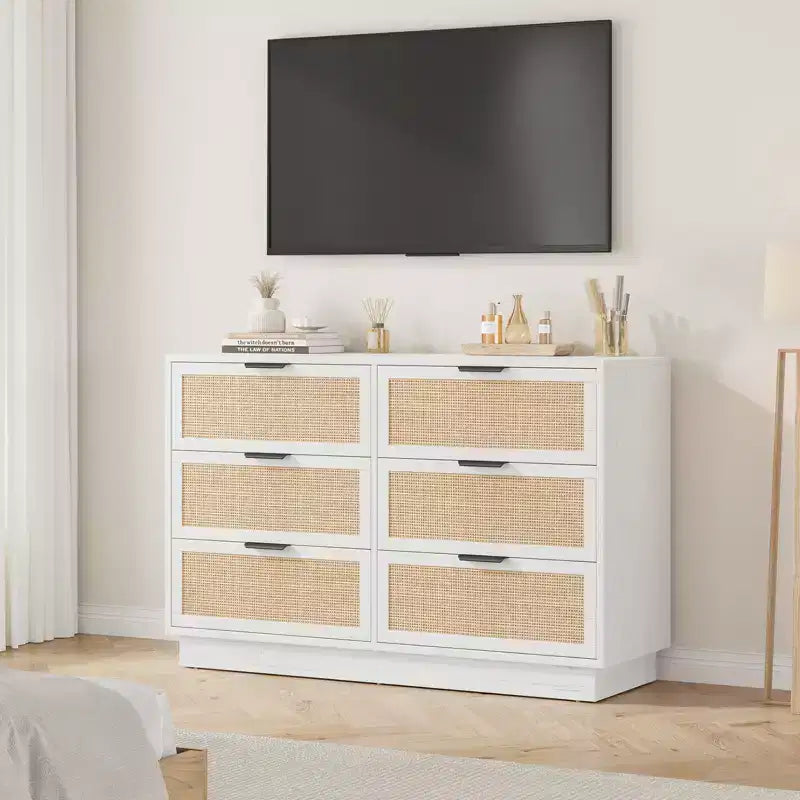 Rattan 6 Drawer Dresser 47in Wide White 6 Chest of Drawers with Metal Handles and Wooden Sturdy Base for Bedroom Living Room Nursery Closet