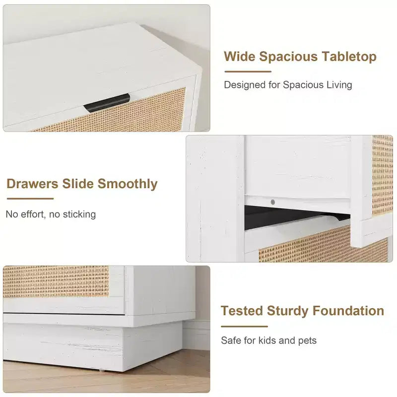 Rattan 6 Drawer Dresser 47in Wide White 6 Chest of Drawers with Metal Handles and Wooden Sturdy Base for Bedroom Living Room Nursery Closet
