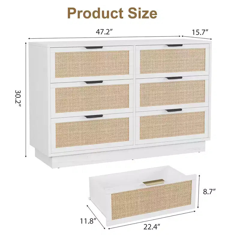 Rattan 6 Drawer Dresser 47in Wide White 6 Chest of Drawers with Metal Handles and Wooden Sturdy Base for Bedroom Living Room Nursery Closet