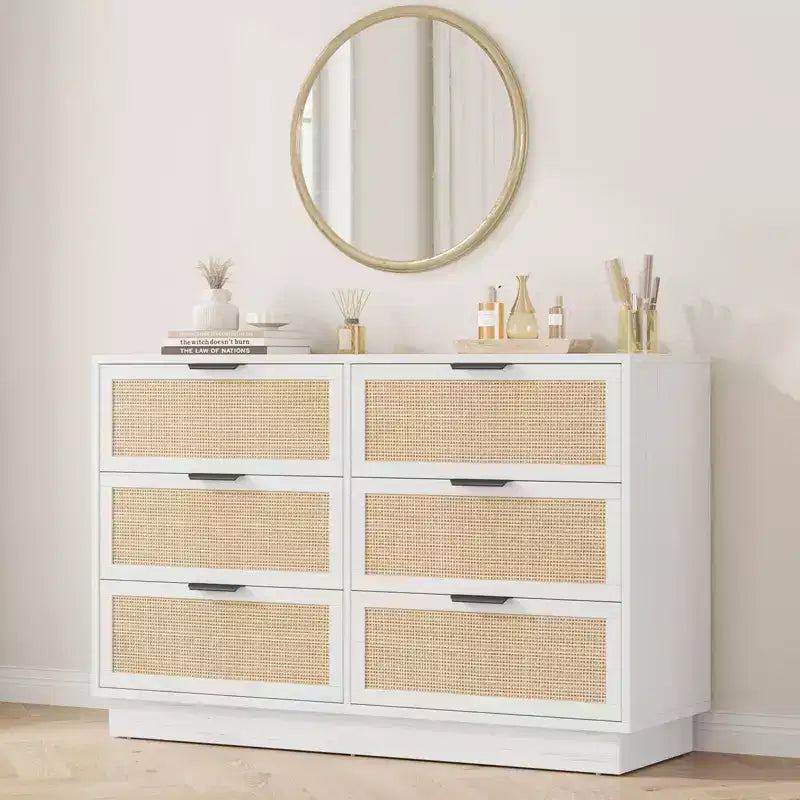 Rattan 6 Drawer Dresser 47in Wide White 6 Chest of Drawers with Metal Handles and Wooden Sturdy Base for Bedroom Living Room Nursery Closet
