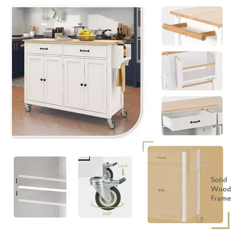 Okak Modrn Kitchen Island with Drop Leaf & Adjustable Shelves Rolling Kitchen Cart with Wheels & Drawers Storage Cabinet Folding Dining Table