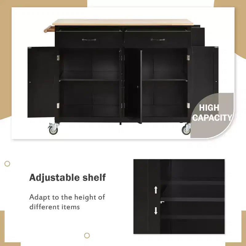 Okak Modrn Kitchen Island with Drop Leaf & Adjustable Shelves Rolling Kitchen Cart with Wheels & Drawers Storage Cabinet Folding Dining Table