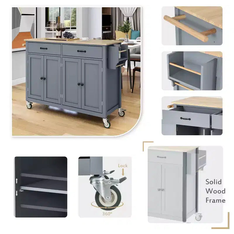 Okak Modrn Kitchen Island with Drop Leaf & Adjustable Shelves Rolling Kitchen Cart with Wheels & Drawers Storage Cabinet Folding Dining Table