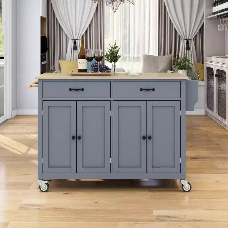 Okak Modrn Kitchen Island with Drop Leaf & Adjustable Shelves Rolling Kitchen Cart with Wheels & Drawers Storage Cabinet Folding Dining Table