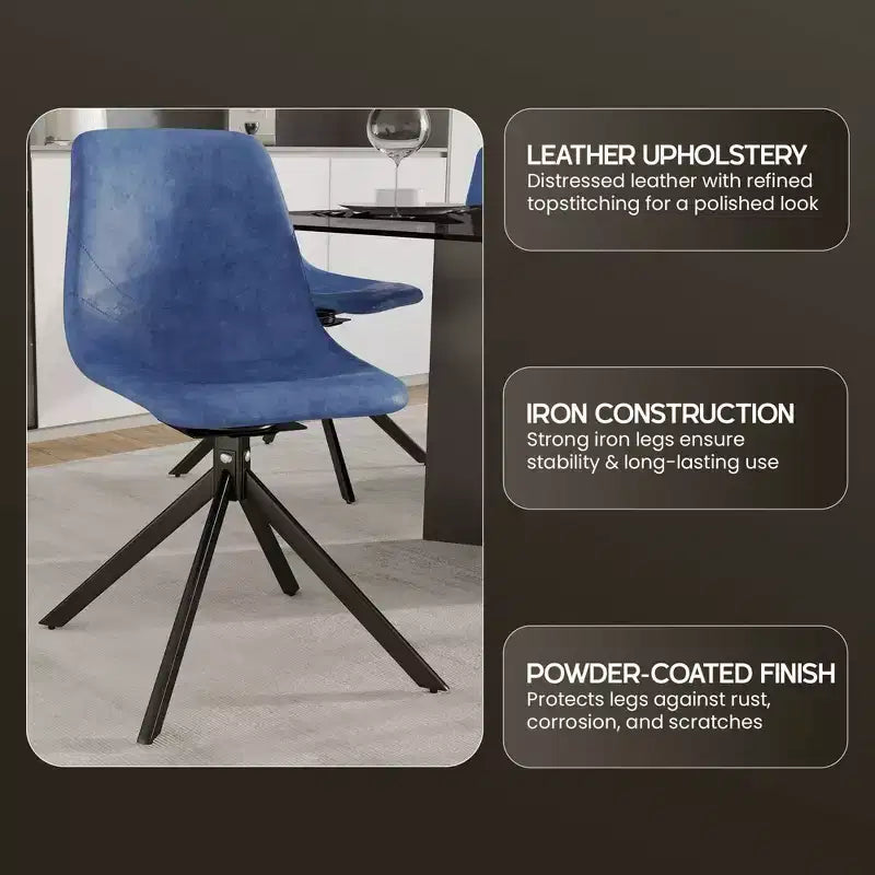 LeisureMod Leather Dining Chair with 360-Degree Swivel And Powder-Coated Iron Legs