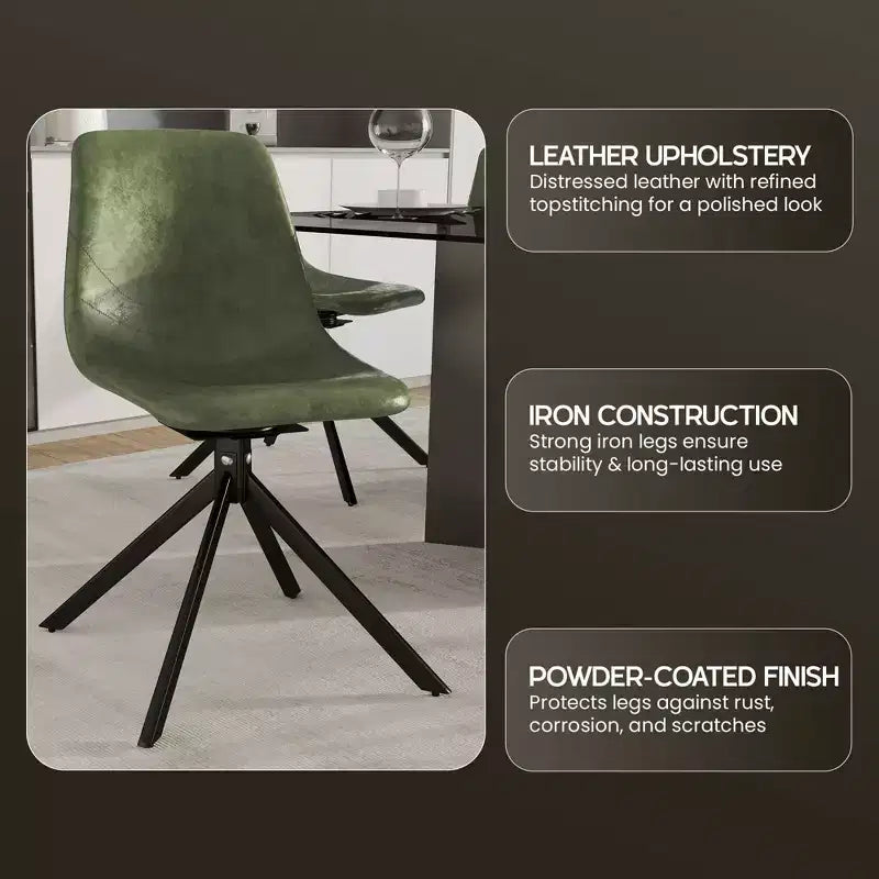 LeisureMod Leather Dining Chair with 360-Degree Swivel And Powder-Coated Iron Legs