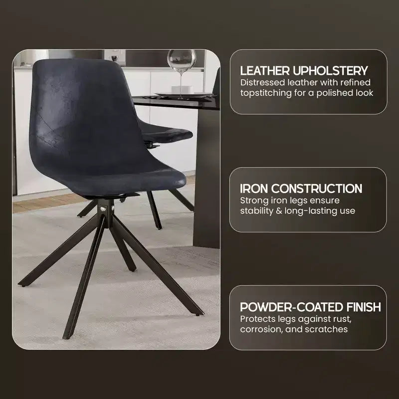 LeisureMod Leather Dining Chair with 360-Degree Swivel And Powder-Coated Iron Legs