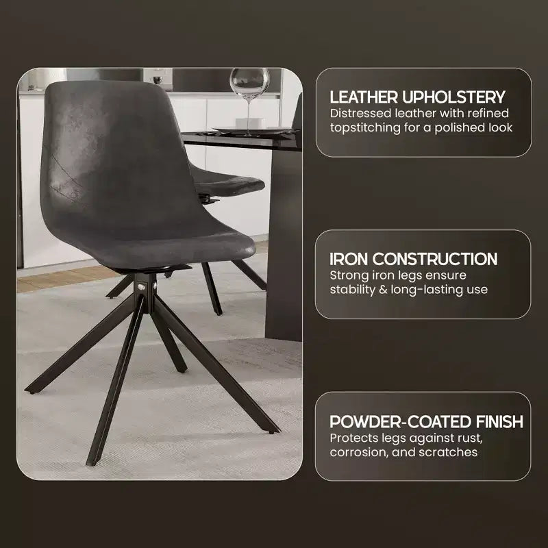 LeisureMod Leather Dining Chair with 360-Degree Swivel And Powder-Coated Iron Legs