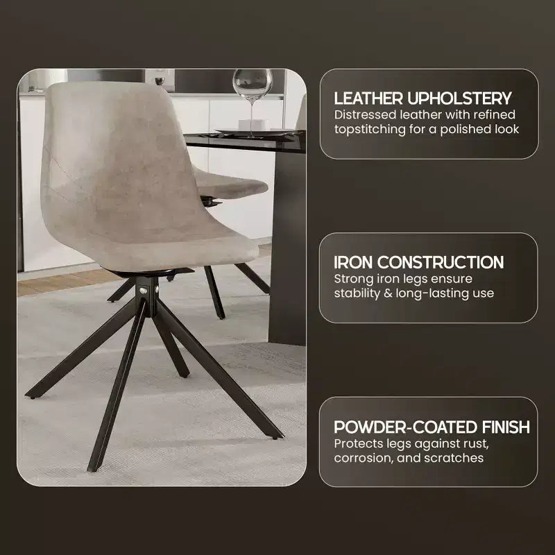 LeisureMod Leather Dining Chair with 360-Degree Swivel And Powder-Coated Iron Legs