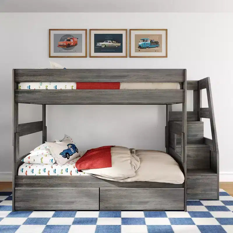 Modern Farmhouse Queen Over Queen Bunk Bed With Staircase and Storage Drawers