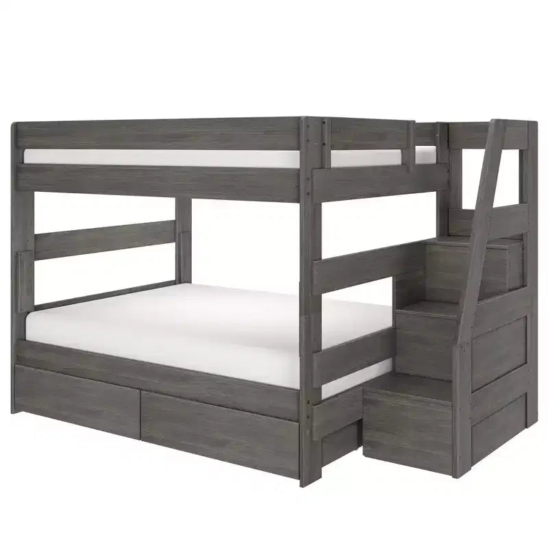 Modern Farmhouse Queen Over Queen Bunk Bed With Staircase and Storage Drawers
