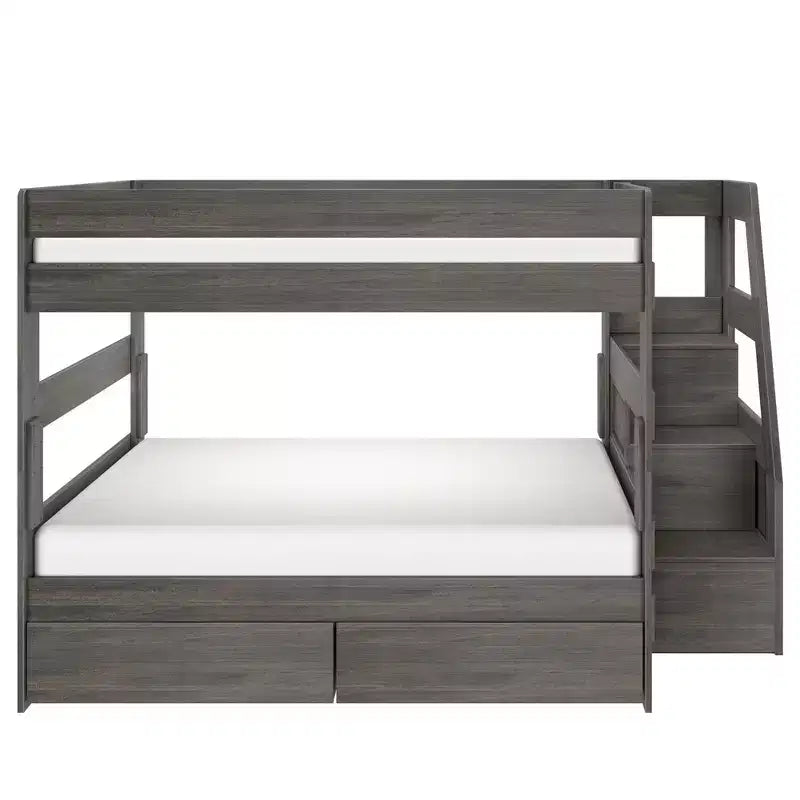Modern Farmhouse Queen Over Queen Bunk Bed With Staircase and Storage Drawers