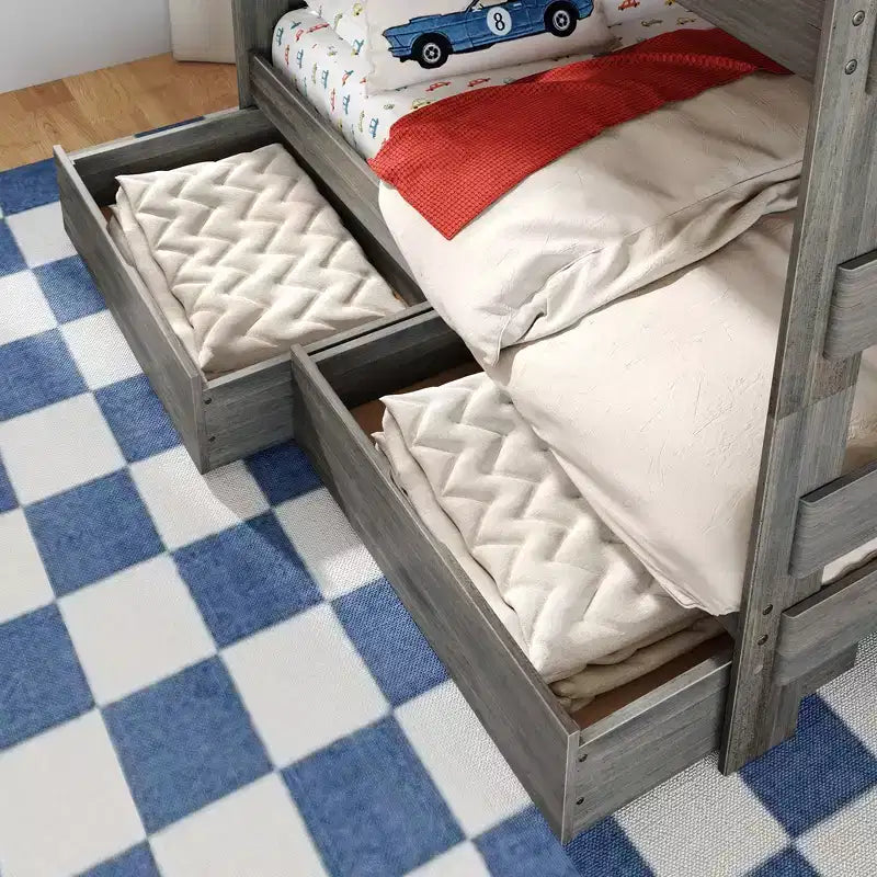 Modern Farmhouse Queen Over Queen Bunk Bed With Staircase and Storage Drawers