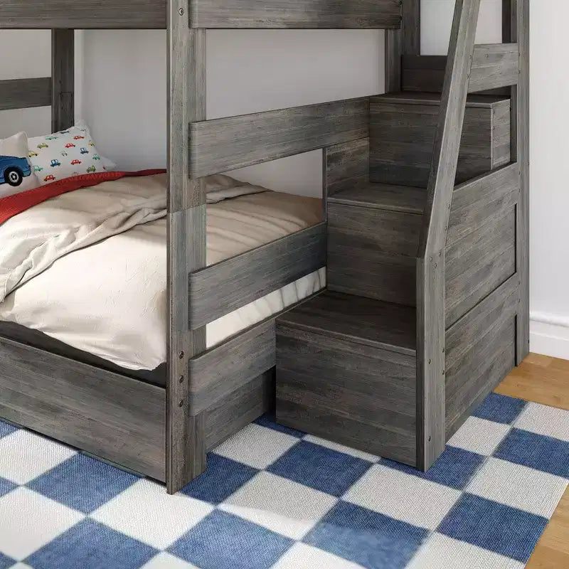 Modern Farmhouse Queen Over Queen Bunk Bed With Staircase and Storage Drawers