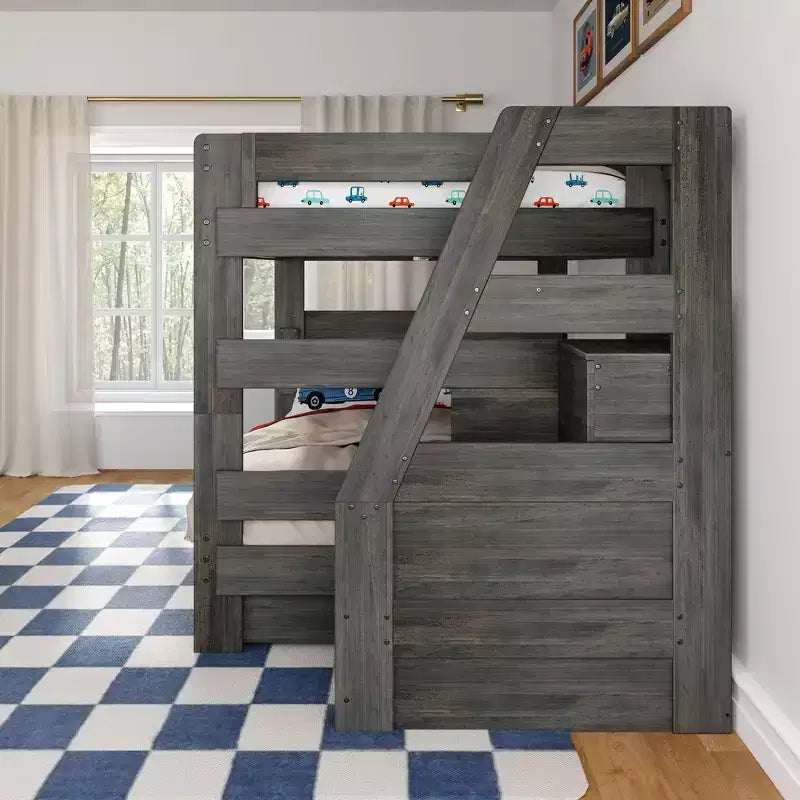 Modern Farmhouse Queen Over Queen Bunk Bed With Staircase and Storage Drawers