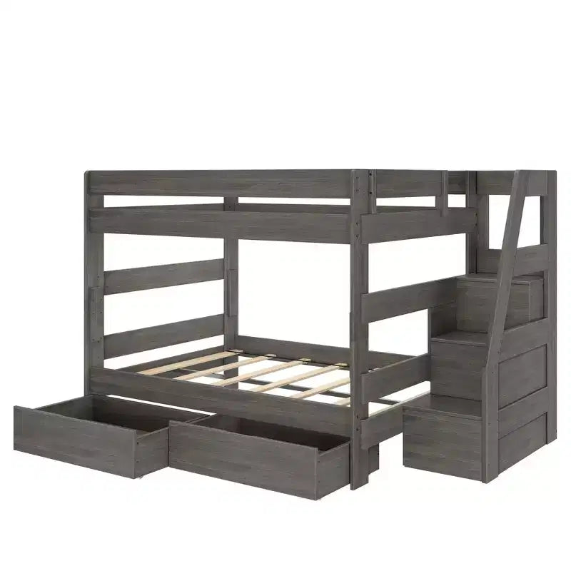Modern Farmhouse Queen Over Queen Bunk Bed With Staircase and Storage Drawers