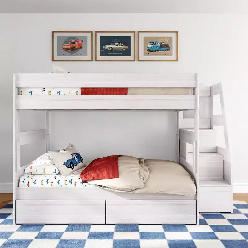 Modern Farmhouse Queen Over Queen Bunk Bed With Staircase and Storage Drawers
