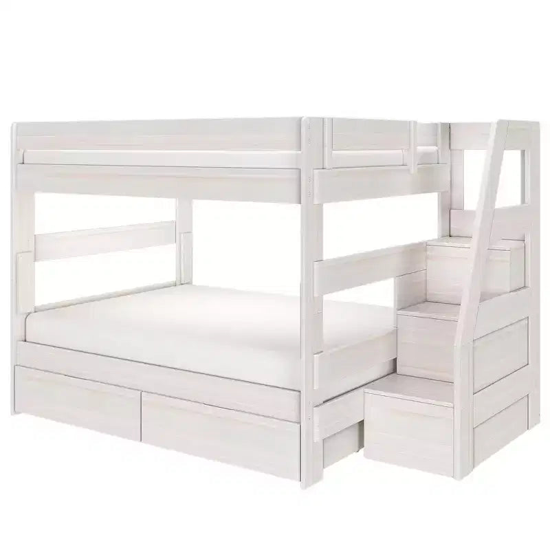 Modern Farmhouse Queen Over Queen Bunk Bed With Staircase and Storage Drawers