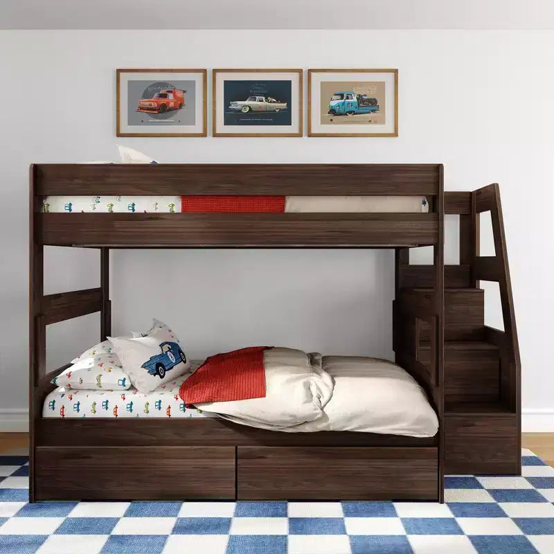 Modern Farmhouse Queen Over Queen Bunk Bed With Staircase and Storage Drawers