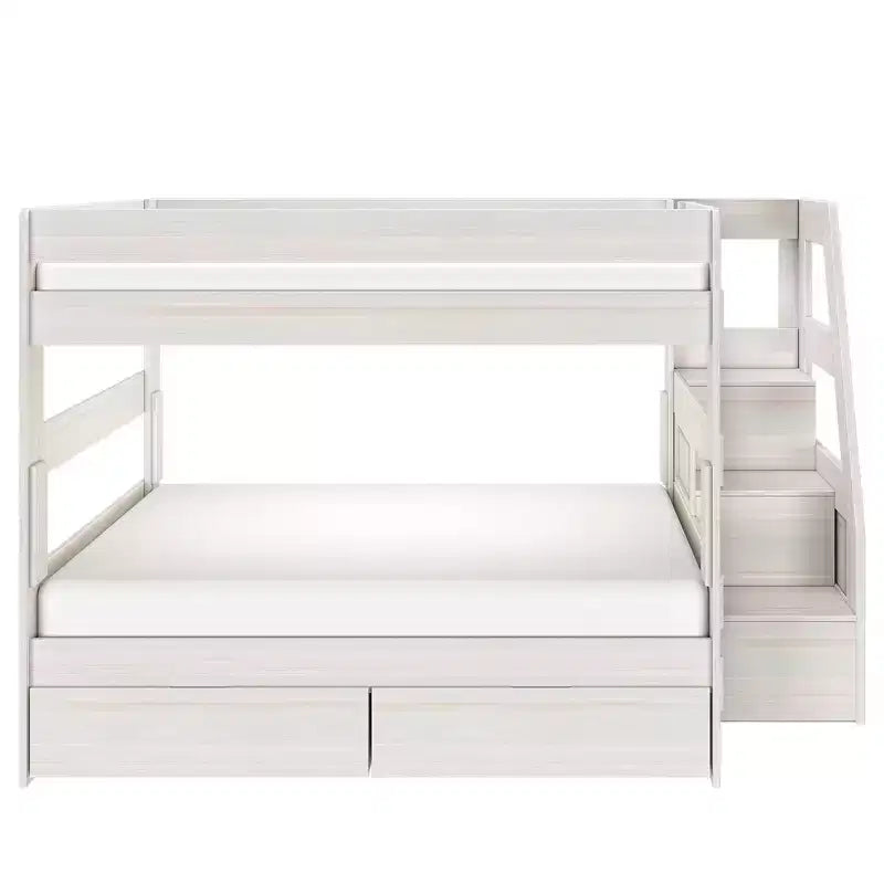 Modern Farmhouse Queen Over Queen Bunk Bed With Staircase and Storage Drawers