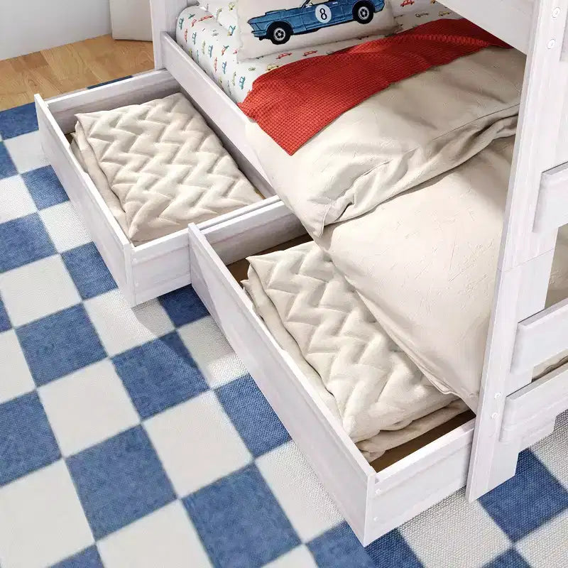 Modern Farmhouse Queen Over Queen Bunk Bed With Staircase and Storage Drawers