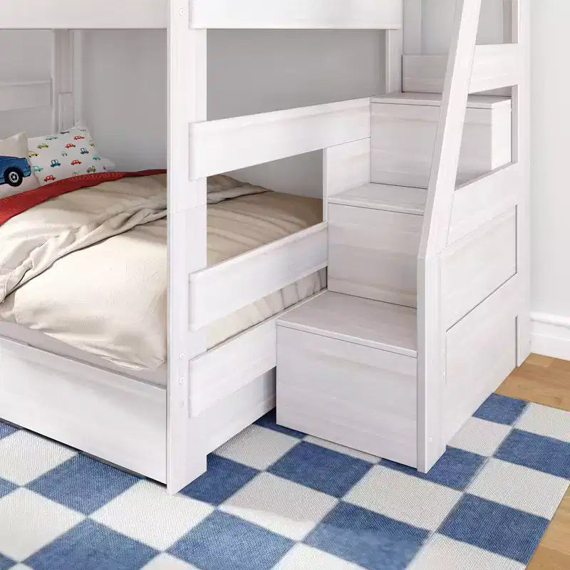 Modern Farmhouse Queen Over Queen Bunk Bed With Staircase and Storage Drawers