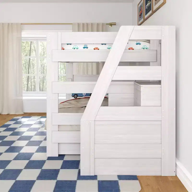 Modern Farmhouse Queen Over Queen Bunk Bed With Staircase and Storage Drawers