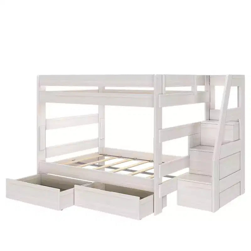 Modern Farmhouse Queen Over Queen Bunk Bed With Staircase and Storage Drawers