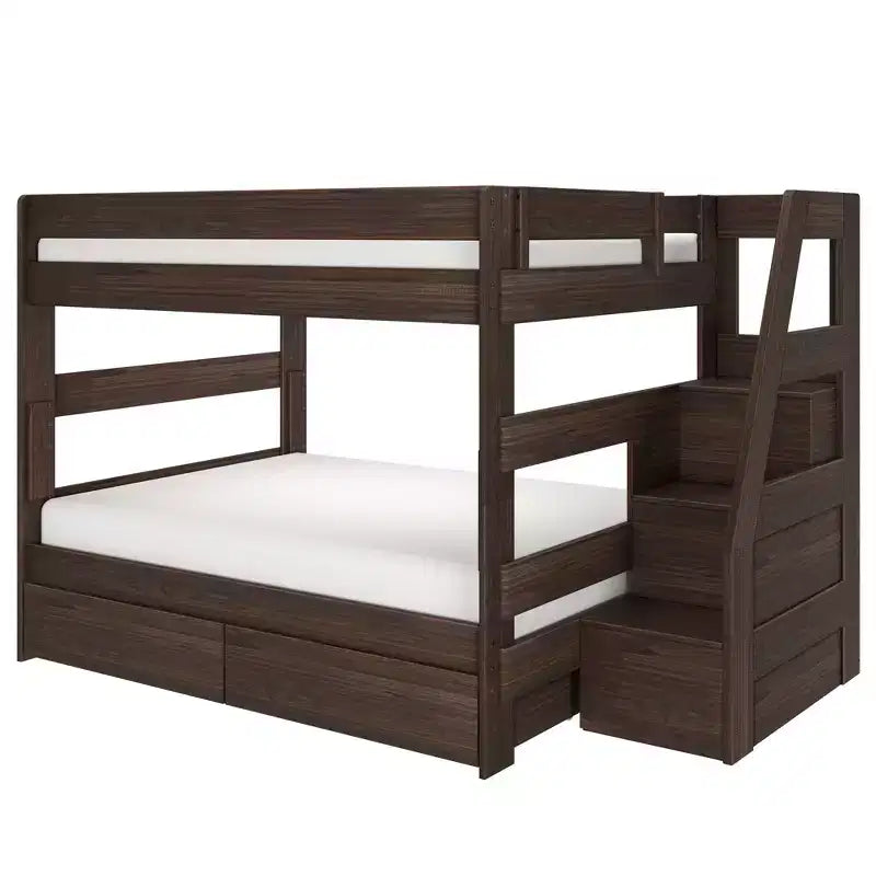 Modern Farmhouse Queen Over Queen Bunk Bed With Staircase and Storage Drawers