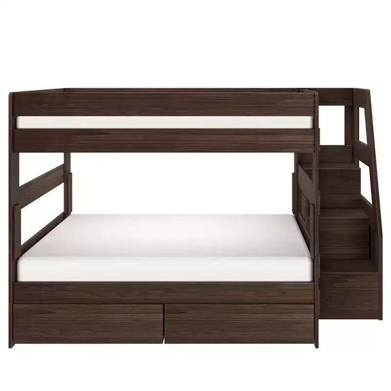 Modern Farmhouse Queen Over Queen Bunk Bed With Staircase and Storage Drawers