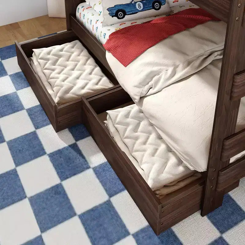 Modern Farmhouse Queen Over Queen Bunk Bed With Staircase and Storage Drawers
