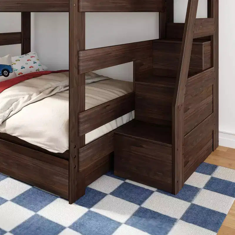 Modern Farmhouse Queen Over Queen Bunk Bed With Staircase and Storage Drawers