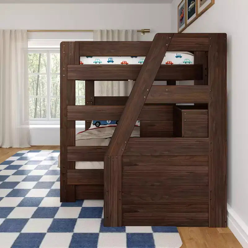 Modern Farmhouse Queen Over Queen Bunk Bed With Staircase and Storage Drawers