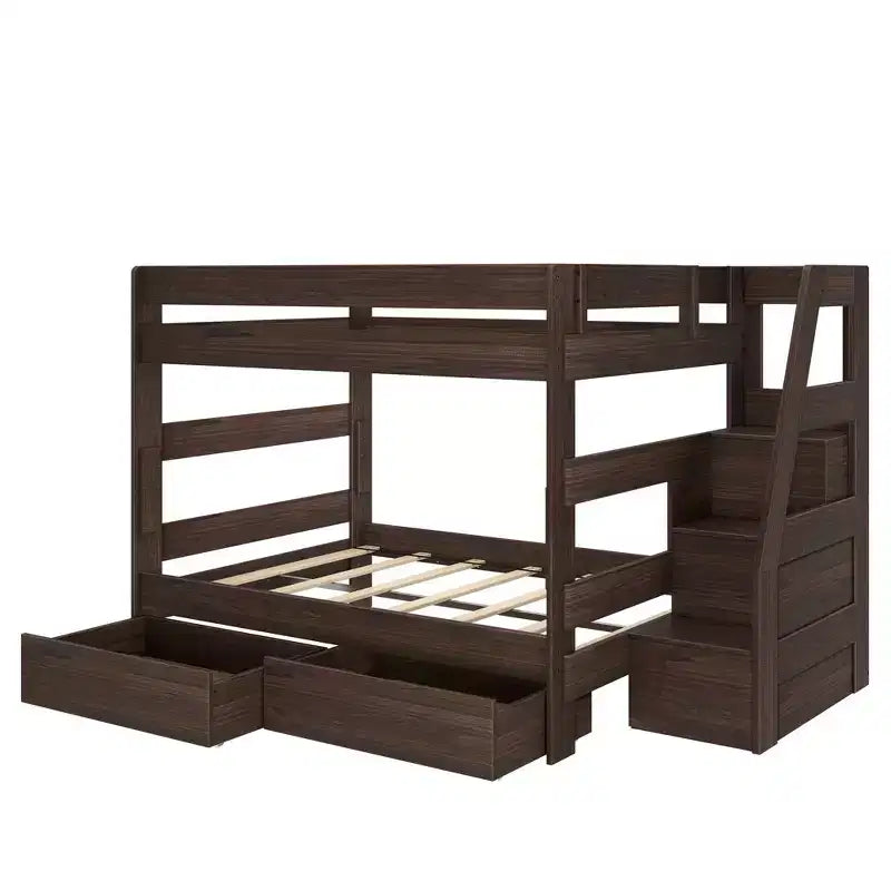 Modern Farmhouse Queen Over Queen Bunk Bed With Staircase and Storage Drawers