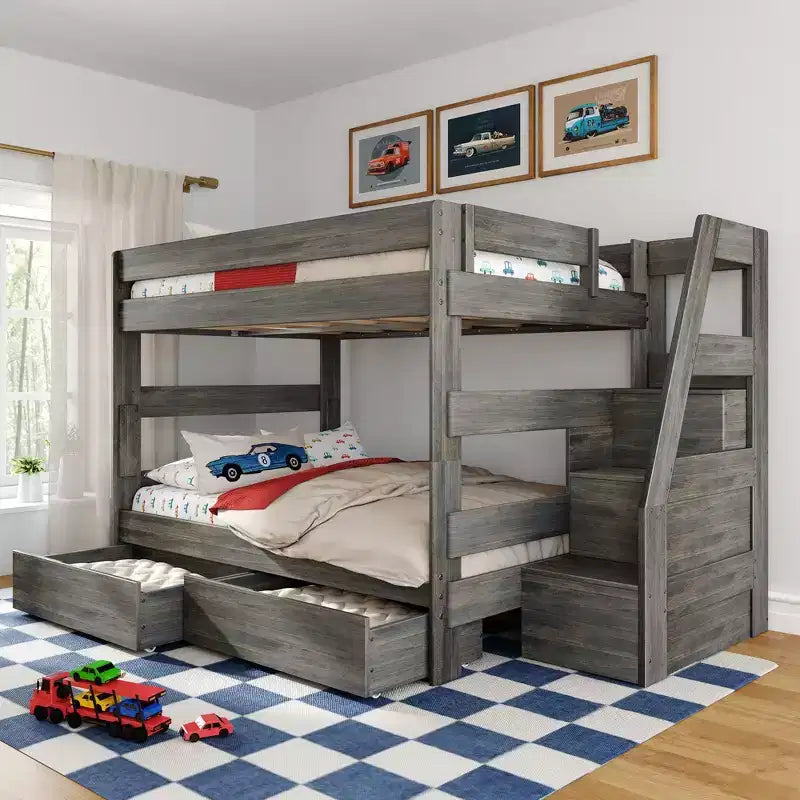 Modern Farmhouse Queen Over Queen Bunk Bed With Staircase and Storage Drawers