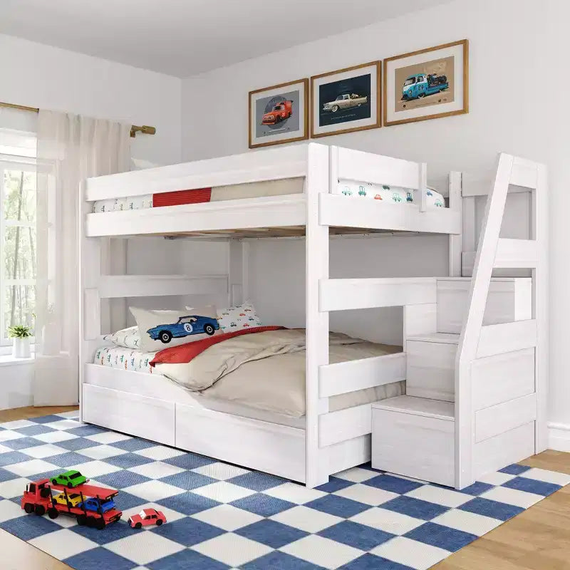 Modern Farmhouse Queen Over Queen Bunk Bed With Staircase and Storage Drawers