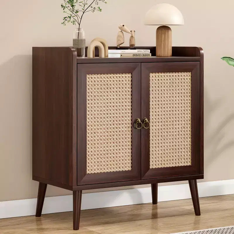 JVNOXK Sideboard Buffet Cabinet with Storage Bar Liquor Cabinet with Rattan Decorated Doors Hallway Walnut
